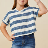 Girls Heathered Stripe V Neck Knit Top