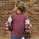 Washed Suede Top w/Floral Applique