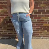 High Rise Drawstring Waistband Side Slit Wide Leg Vervet Jeans