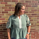 Plus Solid Peplum Top w/Puff Embrodiered Sleeve