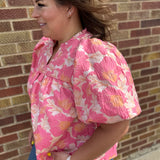 Plus Floral Satin Babydoll Top w/Bubble Sleeve