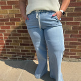High Rise Drawstring Waistband Side Slit Wide Leg Vervet Jeans