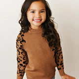 Girls Brown Leopard Sleeve Sweater