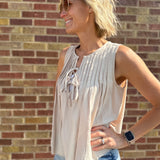 Pleat Tie Front Sleeveless Top