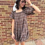 Espresso Plaid Puff Sleeve Mini Dress