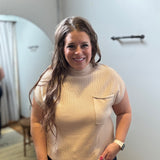 Ribbed Knit Short Sleeve Sweater w/ Pocket