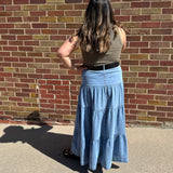 Denim Button Front Ruffle Hem Maxi Skirt