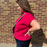 Ribbed Knit Short Sleeve Sweater w/ Pocket