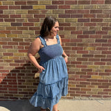 Plus Washed Denim Smocking Tiered Midi Dress