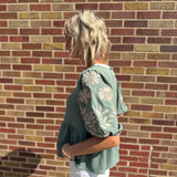 Solid Peplum Top w/Puff Embroidered Sleeve