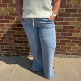 High Rise Drawstring Waistband Side Slit Wide Leg Vervet Jeans