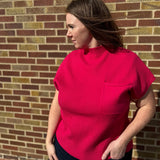 Ribbed Knit Short Sleeve Sweater w/ Pocket