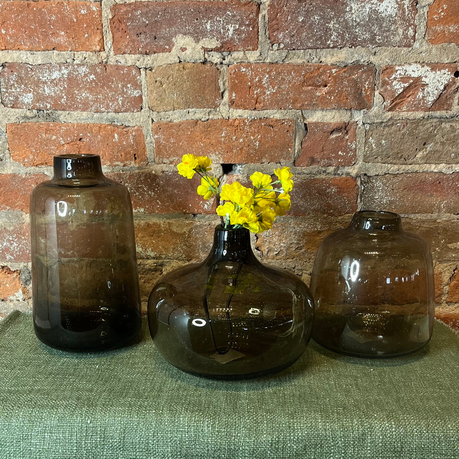 Sage Brown Handblown Bubbled Glass Vases