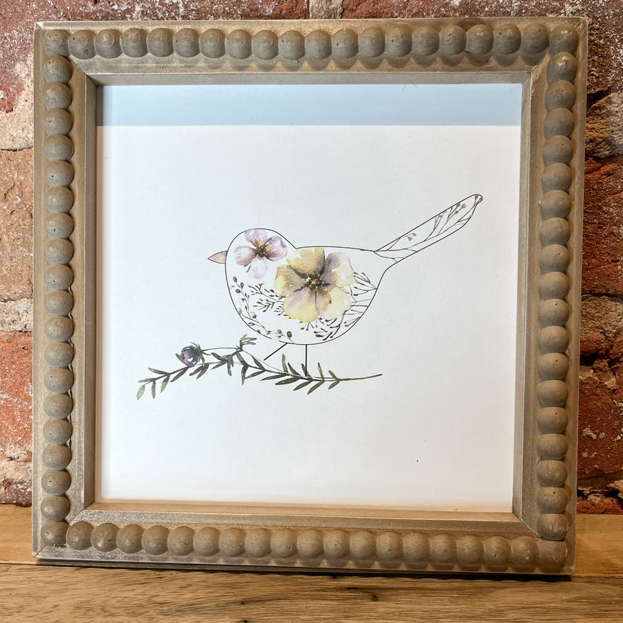 Bird Silhouette w/ Watercolor Flower & Beaded Frame