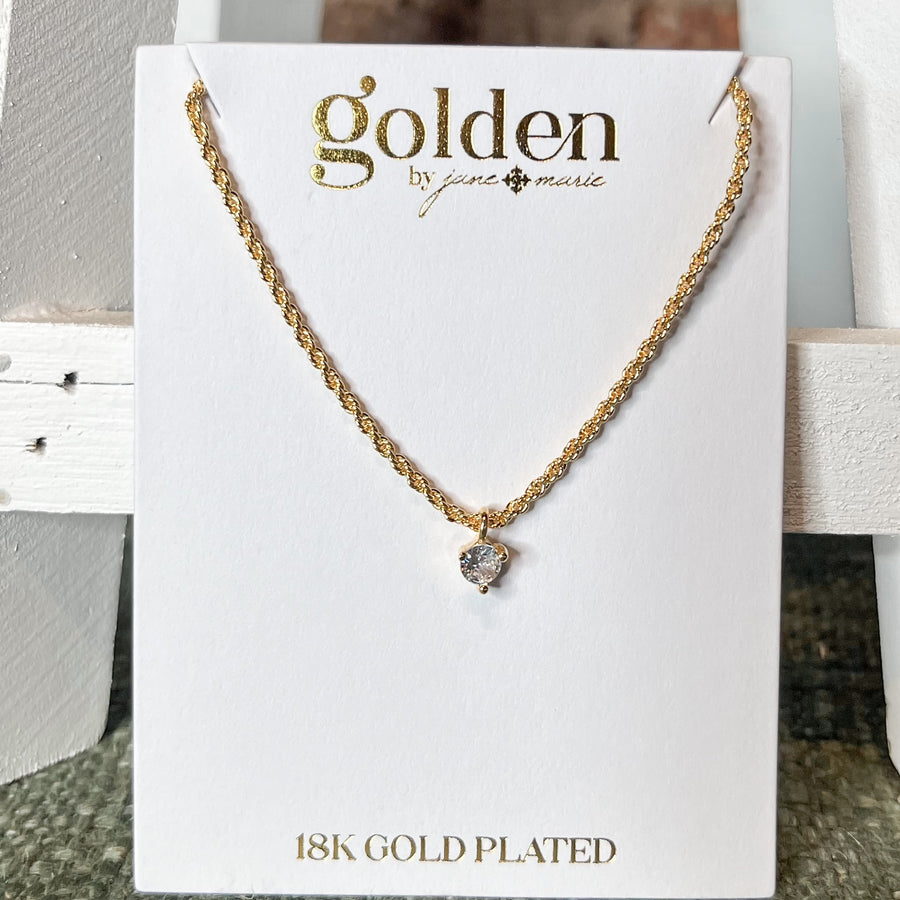 18K Gold Single Cubic Zirconia Necklace 16"