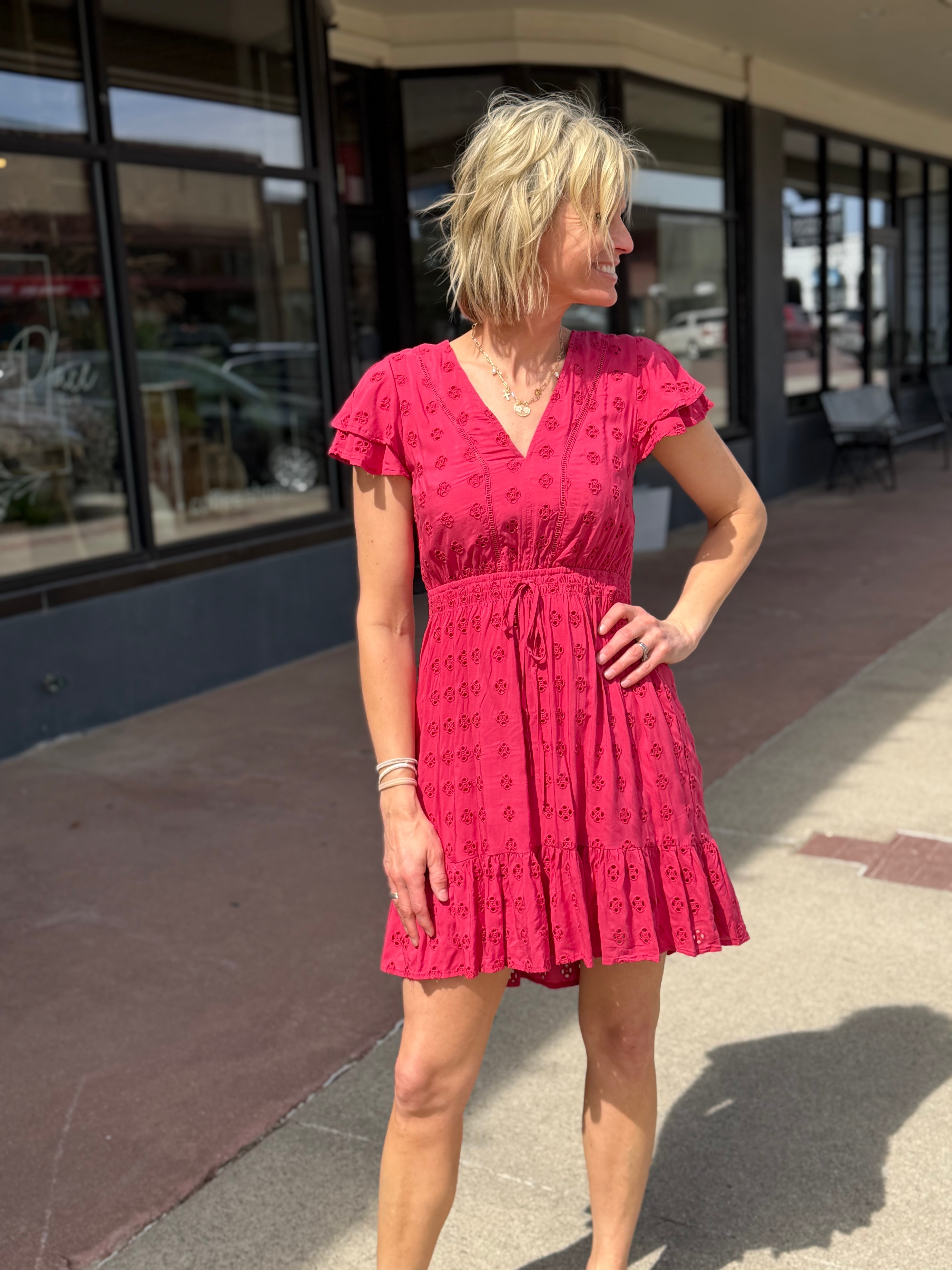 eyelet ruffle mini dress Ember Red Eyelet Ruffle Mini Dress by Cotton Candy LA - XS