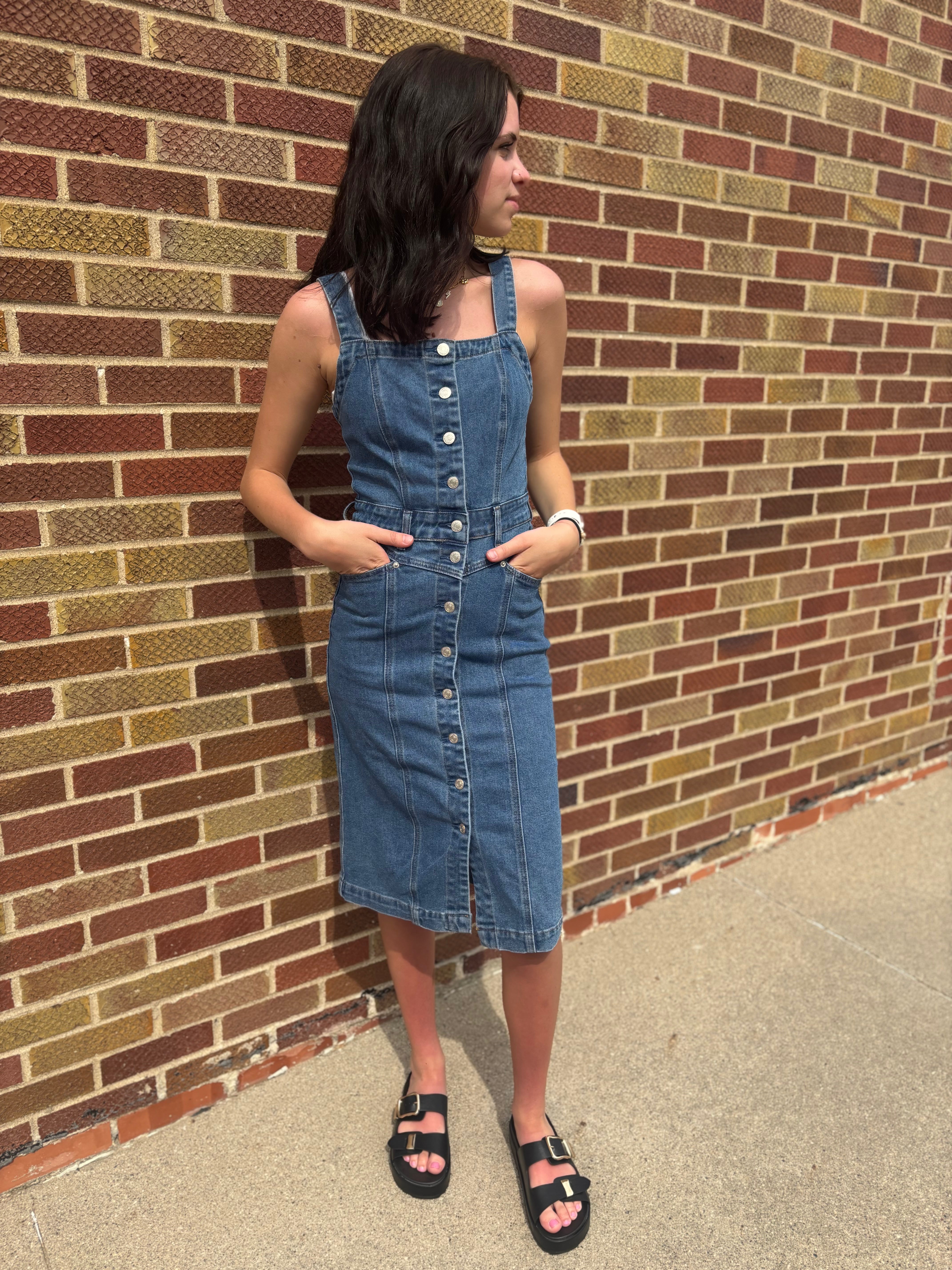 Mineral Wash Button Down Denim Midi Dress Small