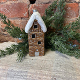 Snowy Glass Cabin Orn 6.5”