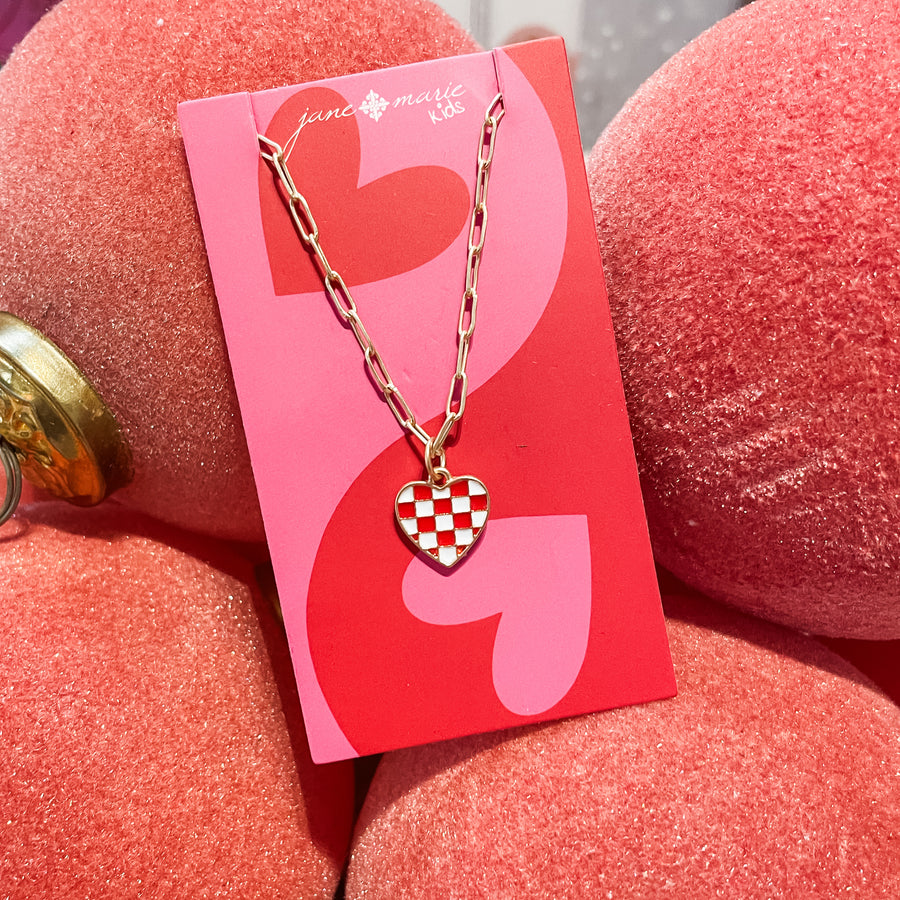 14" Red & White Checkered Enamel Heart Necklace
