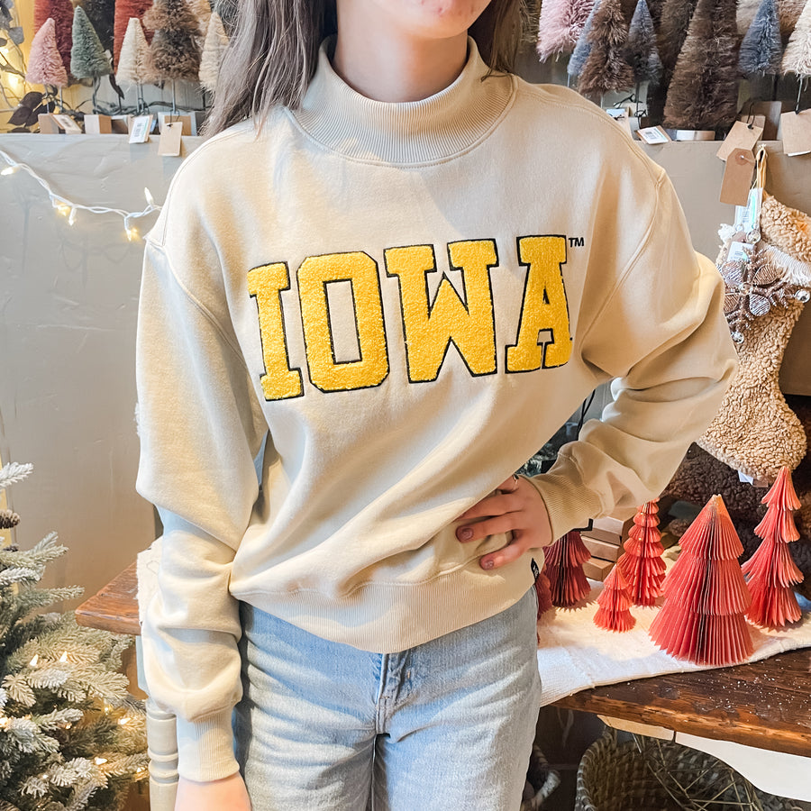 U of Iowa Chenille Embroidery Crop Mock Neck Sweatshirt