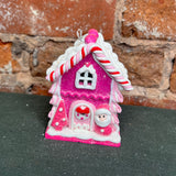 Pink Lighted Frosted Gingerbread House Orn 4.25”