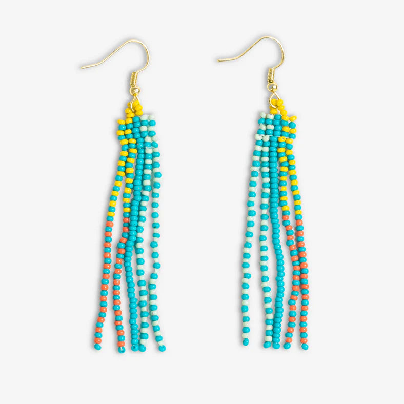 Melissa Speckled Border W/ Solid Middle Beaded Fringe Earrings Turquoise