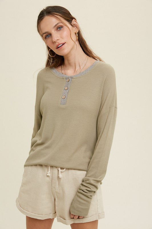 Contrast Neckline Button Up Long Sleeve