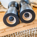 Black Rubber Wood Salt& Pepper Shakers w/ Leather handle - MarketPlaceManning