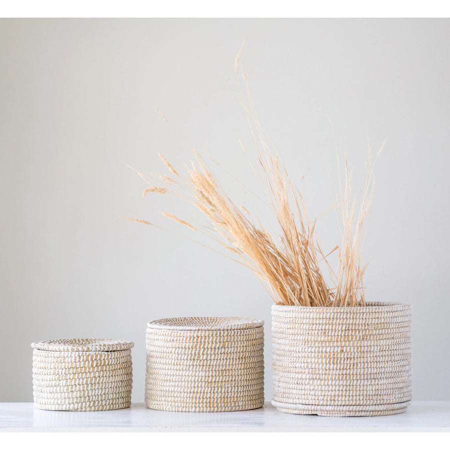 White Woven Seagrass Basket with Lid