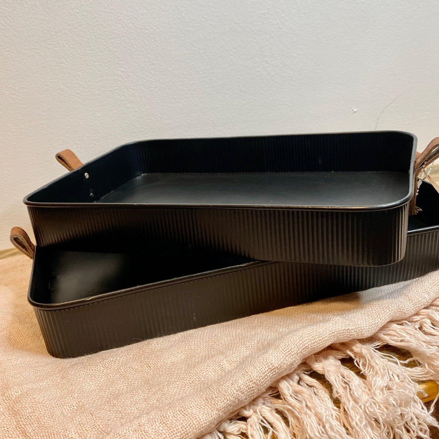 Black w/ Leather Handle Rectangle Tray - MarketPlaceManning