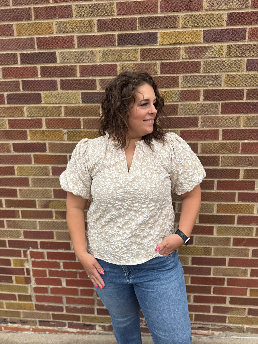 Floral Textured Balloon Sleeve Top