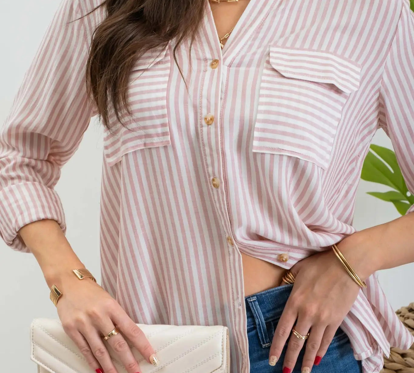Plus Striped Collared Button Down Top