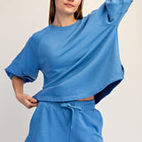French Terry Bubble Sleeve Crew Neck Top