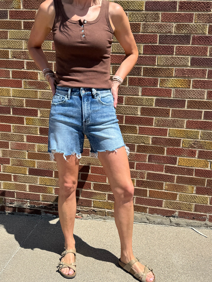 High Rise Raw Hem Boyfriend Vervet Shorts