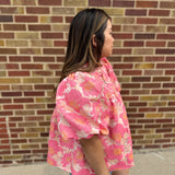 Floral Satin Babydoll Top w/Bubble Sleeve