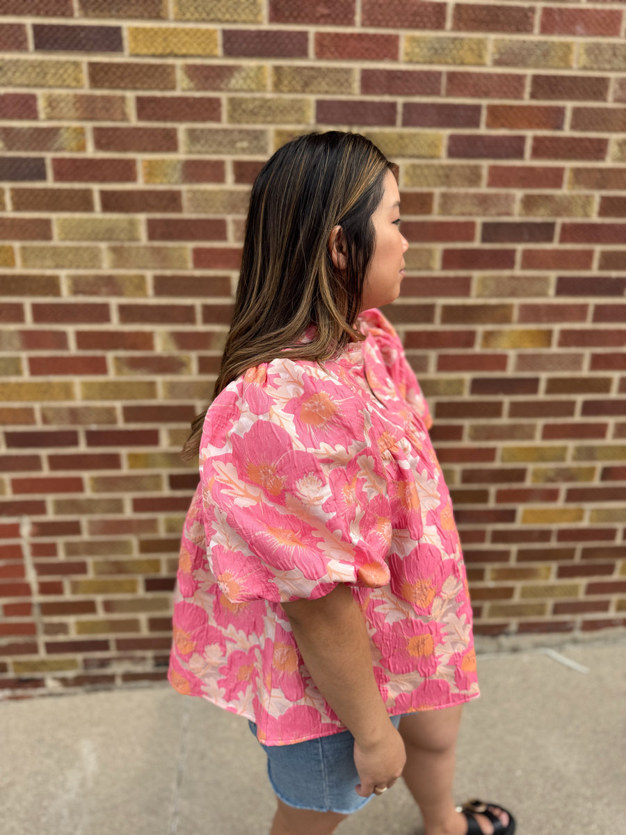 Floral Satin Babydoll Top w/Bubble Sleeve