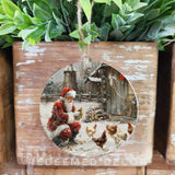 Wooden Santa w/Chickens Orn 4"