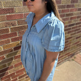 Collared Puff Sleeve Chambray Dress