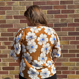 Plus Camel Floral Print 3/4 Sleeve Top
