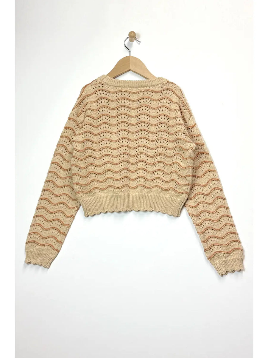 Girls Crewneck Wavy Pointelle Sweater
