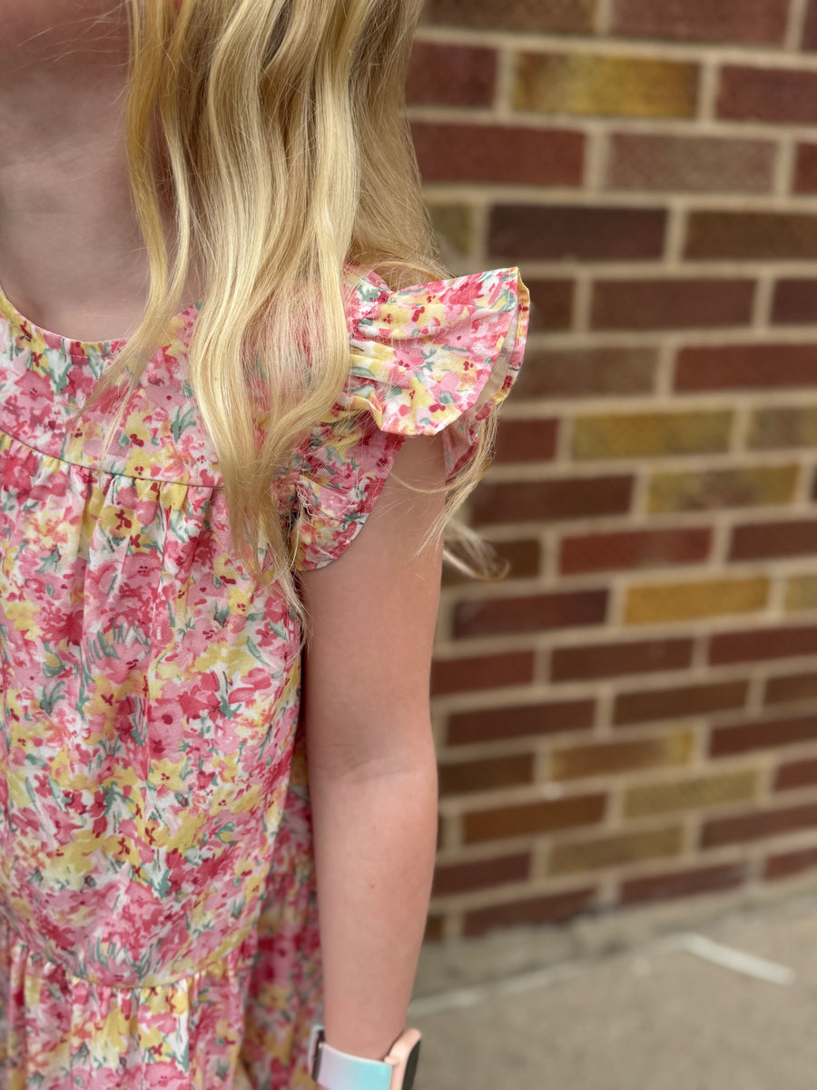 Girls Floral Ruffle Sleeve Tiered Dress