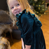 Teal Velvet Ruffle Dress