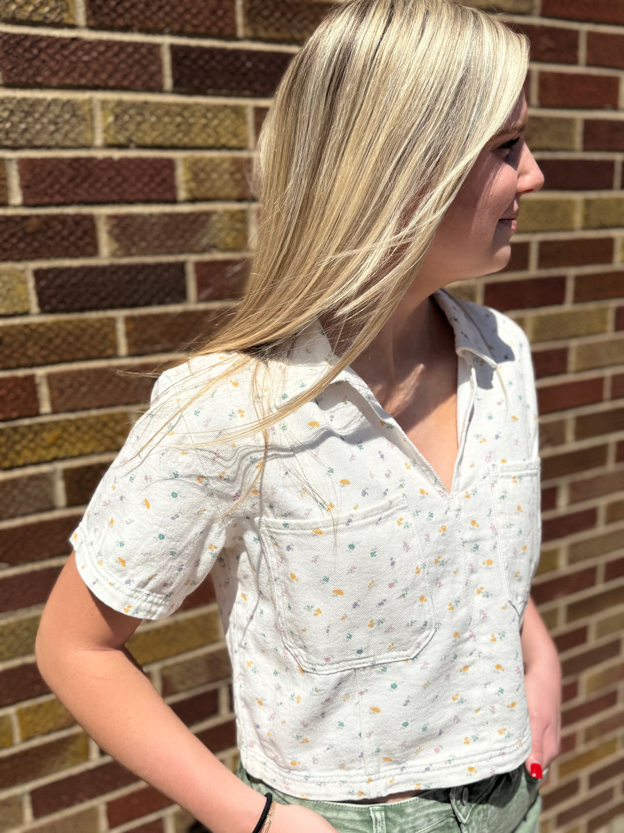 Off White Floral Denim Pullover Top