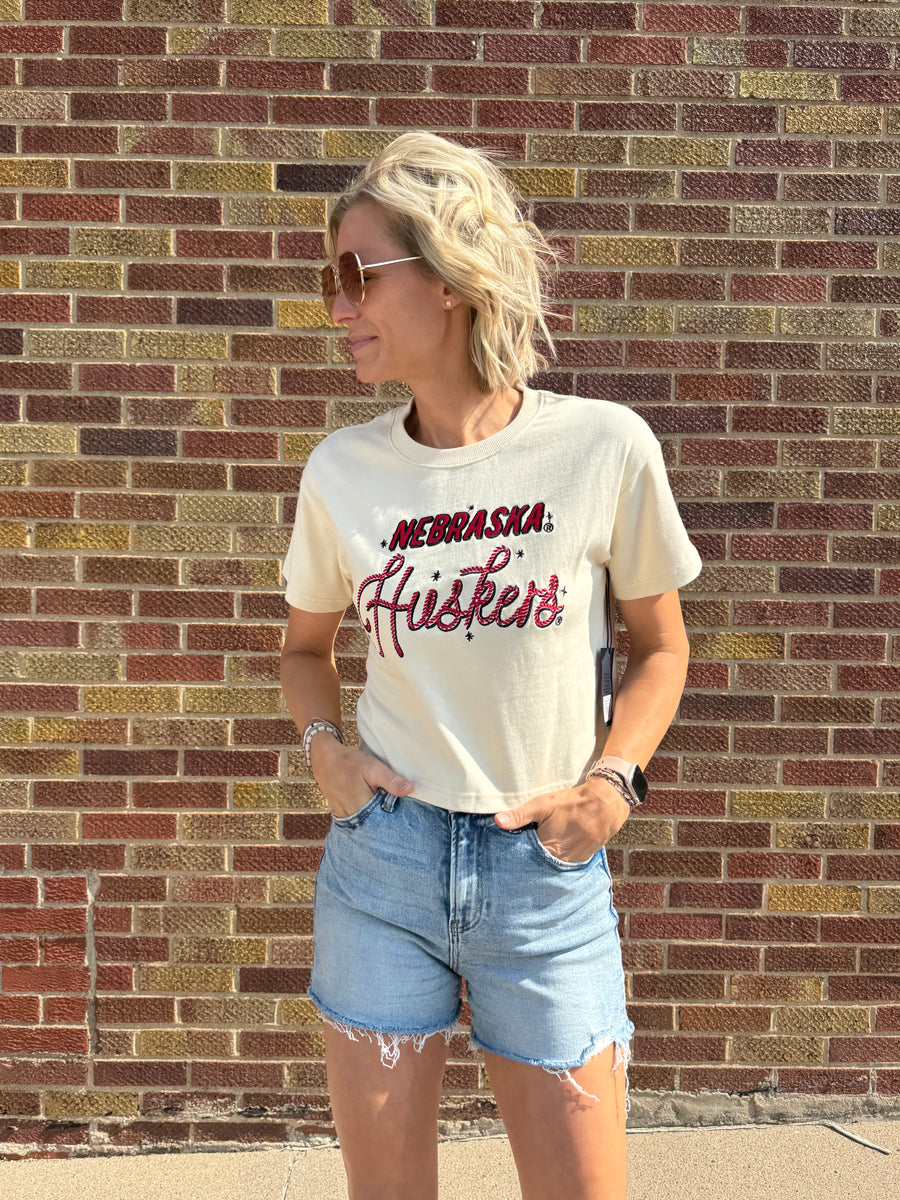 Nebraska Embroidered Laso Luxe Crop Tee