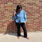 Balloon Sleeve Tie Front Denim Top