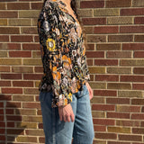 V Neck Black Floral Print Top