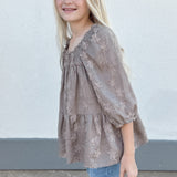 Girls Floral Embroidery Puff Sleeve Square Neck Top