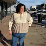 Plus Color Block Half Button Peplum Top