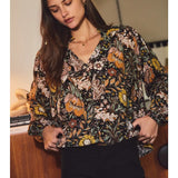 V Neck Black Floral Print Top
