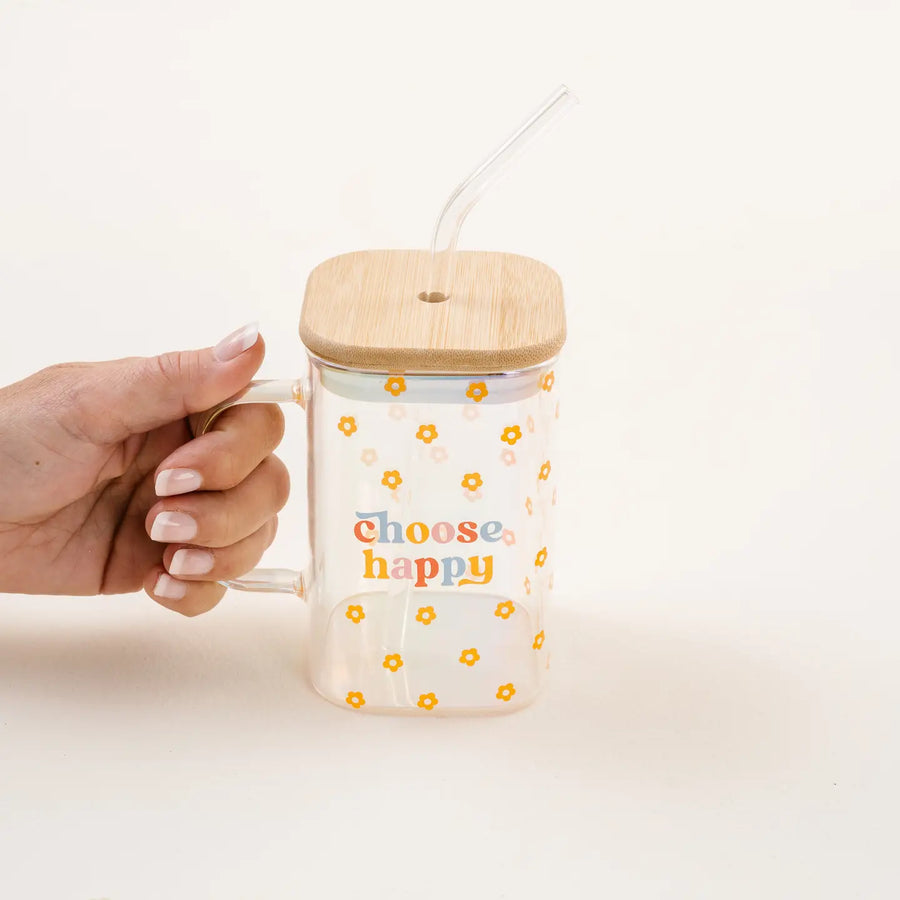 Choose Happy Square Glass Cup with Handle